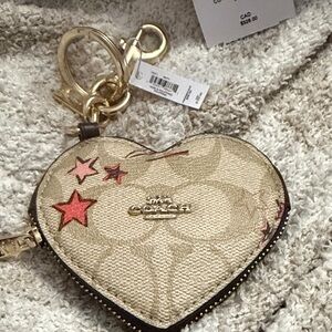 Coach Beige Heart Coin Purse with Red Stars
